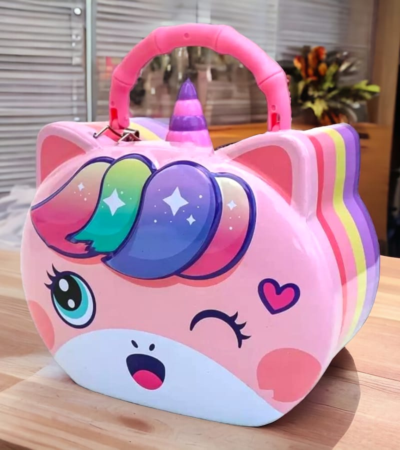 Smiling Unicorn Piggy Bank in Metal with Handle| Coin Box| Gullak |Money Box| with Lock & 2 Keys | Cartoon Character | Best Gift for Kids